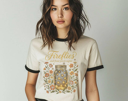 Fireflies And Front Porch Nights Ringer T-Shirt, Retro Contrast Trim Tee