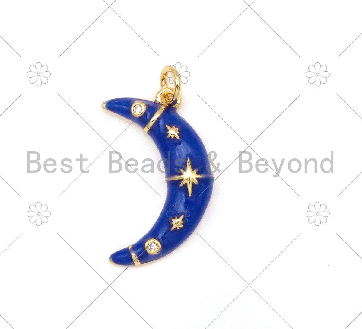Gold Star Cobalt Blue Enamel Cresent Moon Pendant,CZ Micro Pave 18K Gold Filled Moon Charm,Enamel Jewelry,21x13mm,Sku#Y482