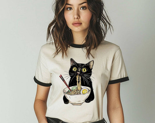 Cat Eating Ramen Ringer T-Shirt, Retro Contrast Trim Tee