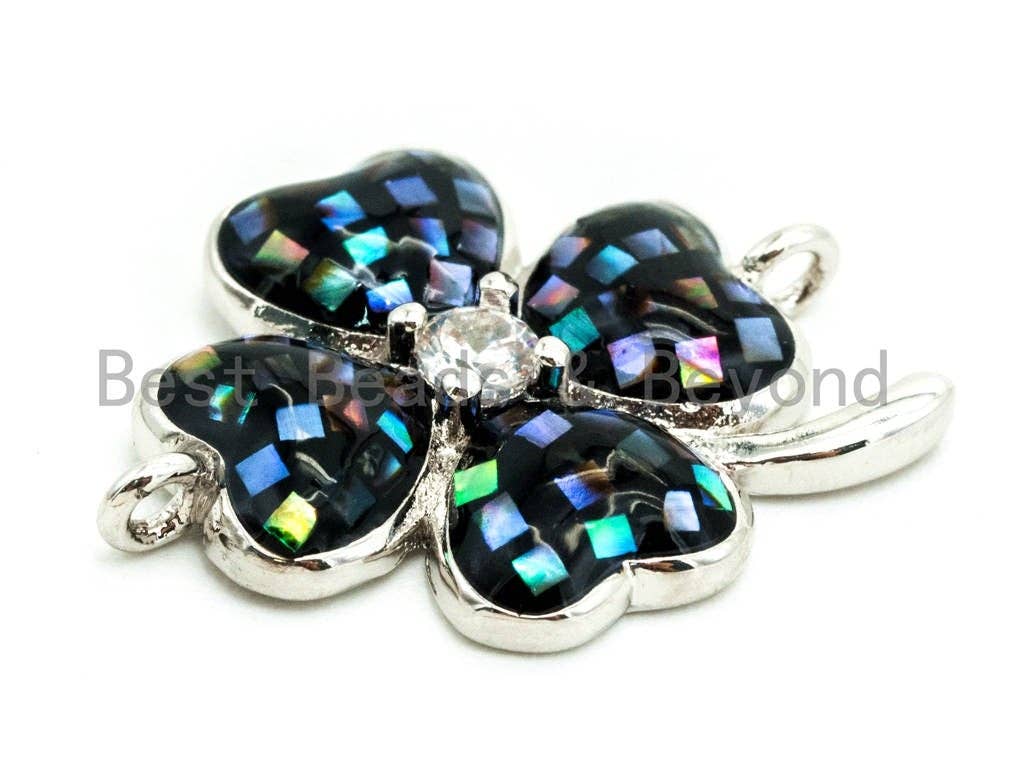 CZ Micro Pave Abalone Four-leaf Clover Connector, Abalone Cubic Zirconia Space Connector, 16x21mm, Jewelry Findings,sku#Z34