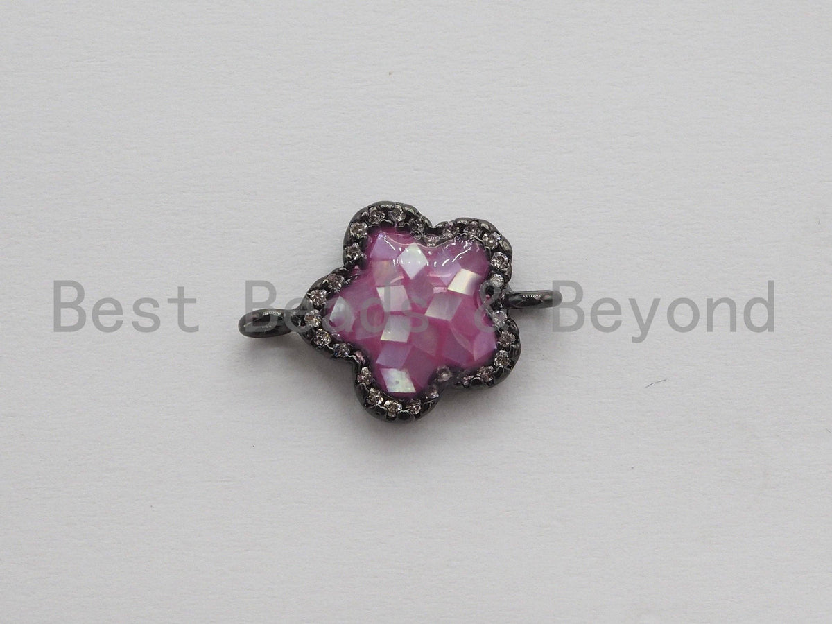 CZ Micro Pave Clover Connector with Natural Pink Abalone Shell, Cubic Zirconia Space Connector, CZ Abalone Stone Charm 13x18mm, SKU#Z249