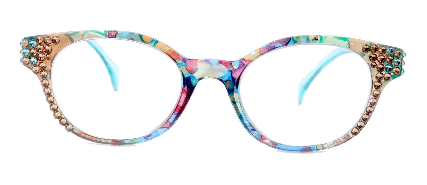 Versailles, (Bling) Reading Glasses 4 women W (Light Colorado, Aquamarine) Genuine European Crystals (Blue, Pink)  NY Fifth Avenue