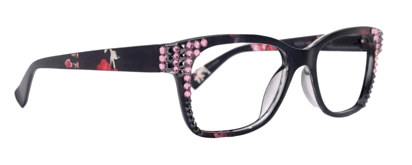 Azul, (Bling) Reading Glasses 4 Women W (Hematite N Rose)Genuine European Crystals. +1.5..+5  NY Fifth Avenue (Wide frame)