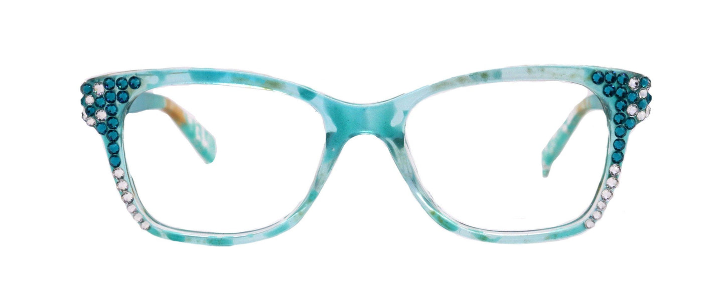 Azul, (Bling) Reading Glasses 4 Women W (Aquamarine N Clear)Genuine European Crystals. +1.5..+3  NY Fifth Avenue (Wide frame)