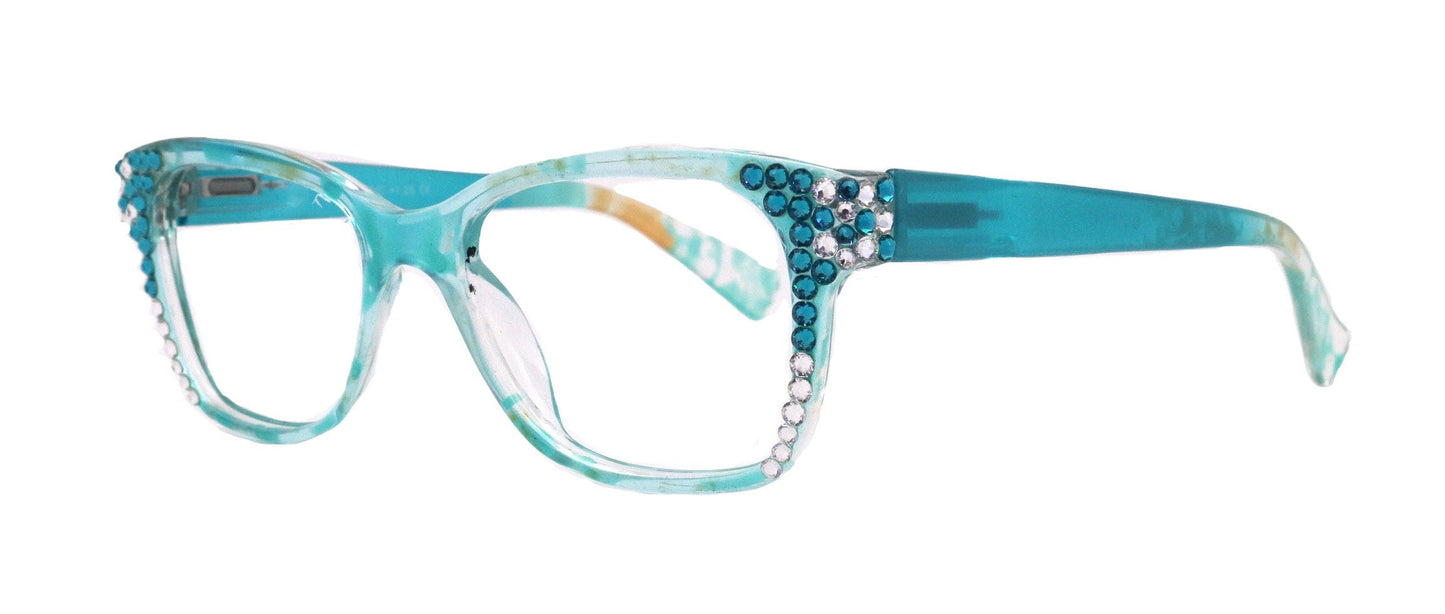 Azul, (Bling) Reading Glasses 4 Women W (Aquamarine N Clear)Genuine European Crystals. +1.5..+3  NY Fifth Avenue (Wide frame)