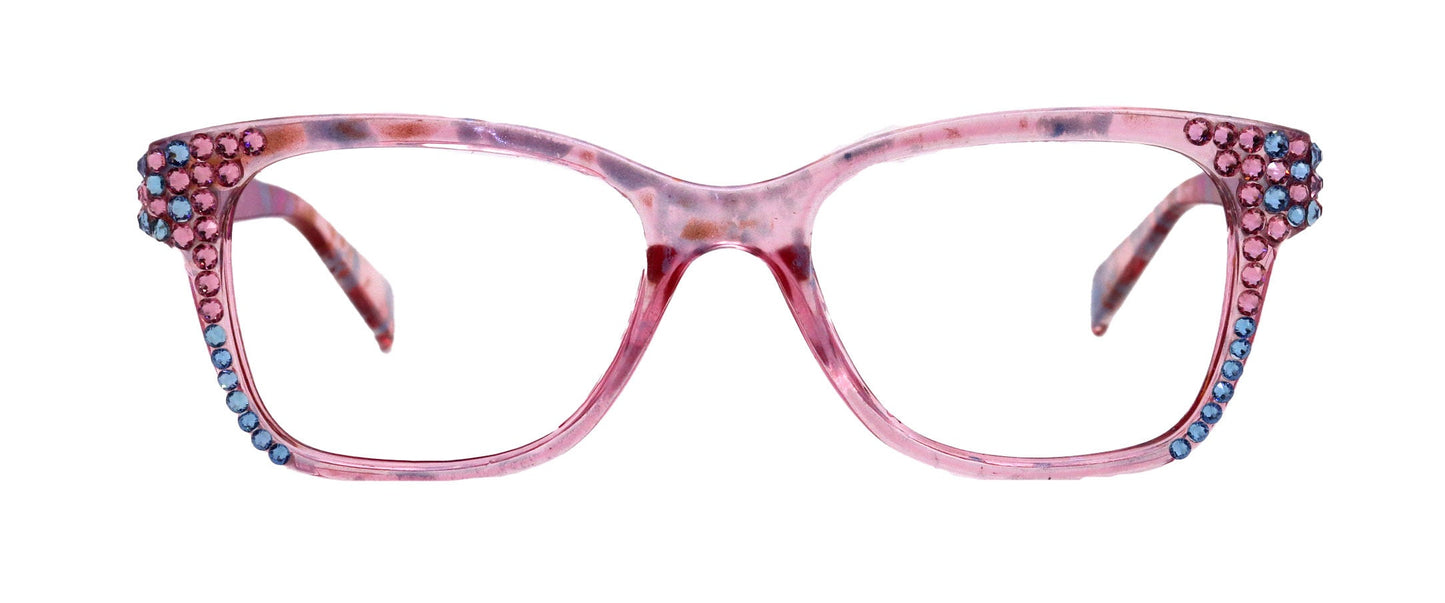 Azul, (Bling) Reading Glasses 4 Women W (Aquamarine N Rose)Genuine European Crystals. +1.5..+3  NY Fifth Avenue (Wide frame)