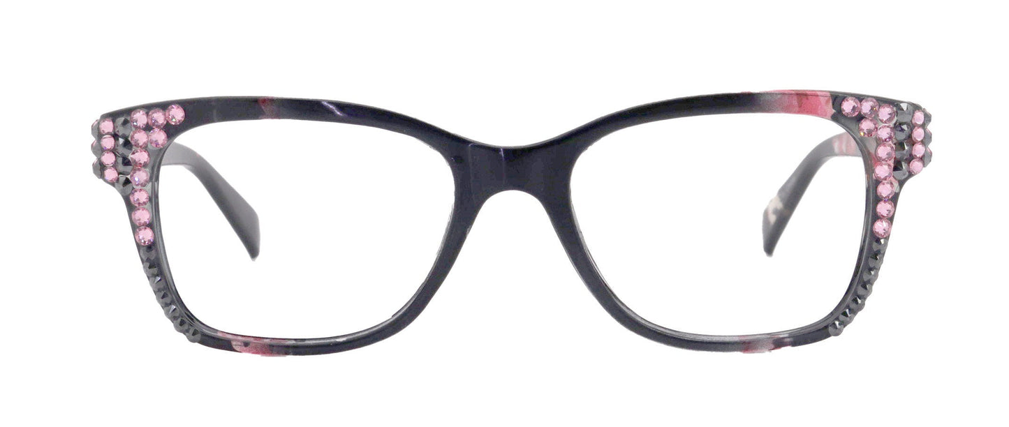 Azul, (Bling) Reading Glasses 4 Women W (Hematite N Rose)Genuine European Crystals. +1.5..+5  NY Fifth Avenue (Wide frame)