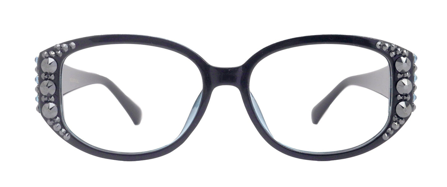 Petunia Oversized Bling Reading Glasses, BK W Aquamarine, Large Frame, High End Readers, Bifocal, Sun readers, Trendy Style, NY Fifth Avenue