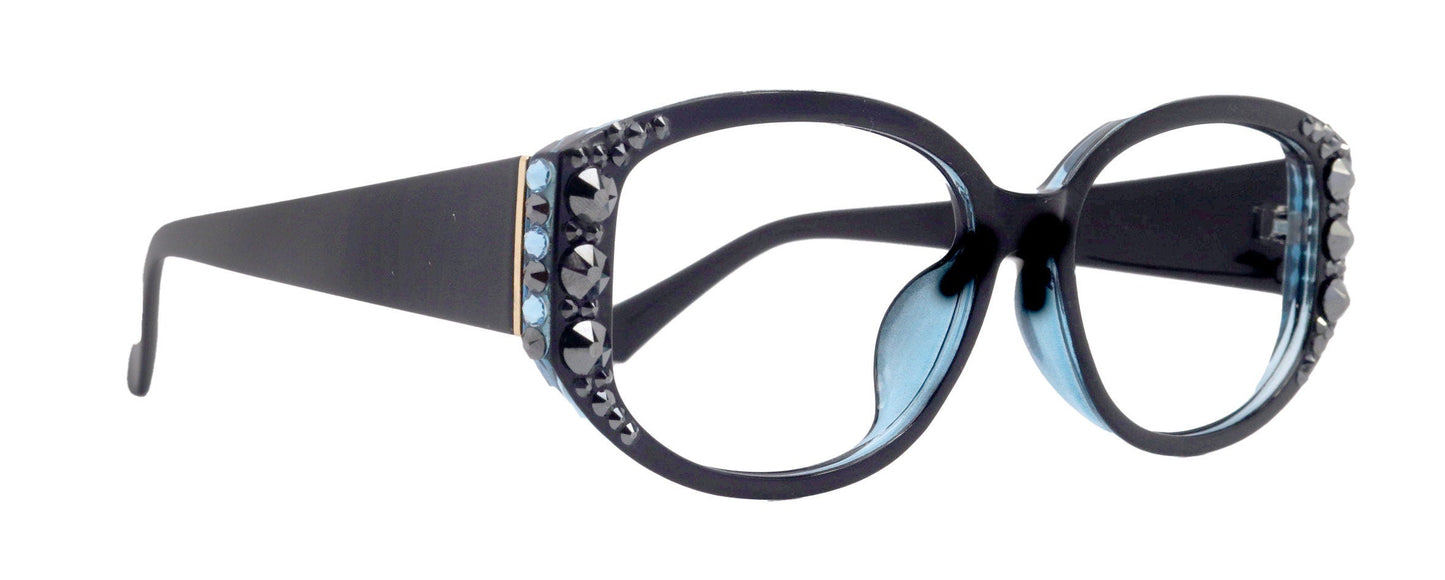 Petunia Oversized Bling Reading Glasses, BK W Aquamarine, Large Frame, High End Readers, Bifocal, Sun readers, Trendy Style, NY Fifth Avenue