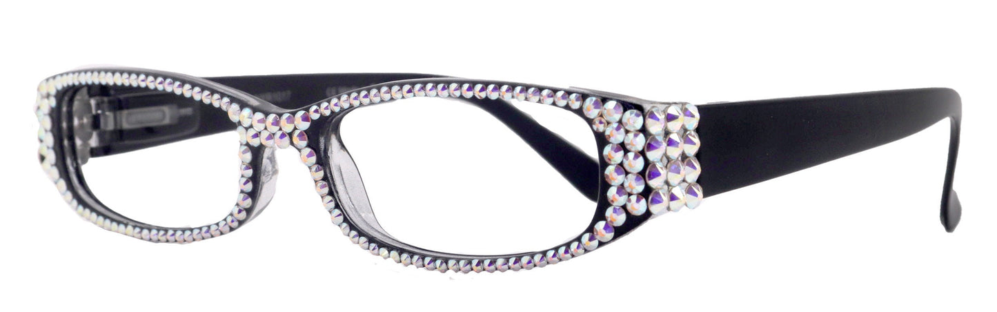 Elise, Bling Reading Glasses For Women W (AB)Genuine European Crystals rectangular (Black) +1.25 ..+3, Full Top  NY Fifth Avenue.