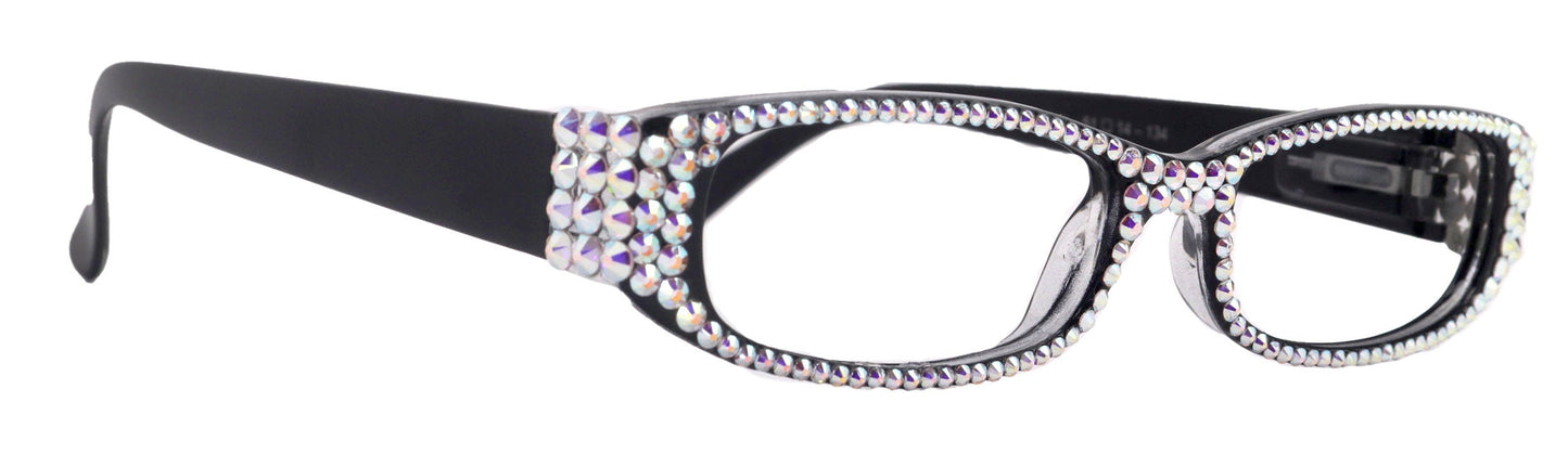 Elise, Bling Reading Glasses For Women W (AB)Genuine European Crystals rectangular (Black) +1.25 ..+3, Full Top  NY Fifth Avenue.
