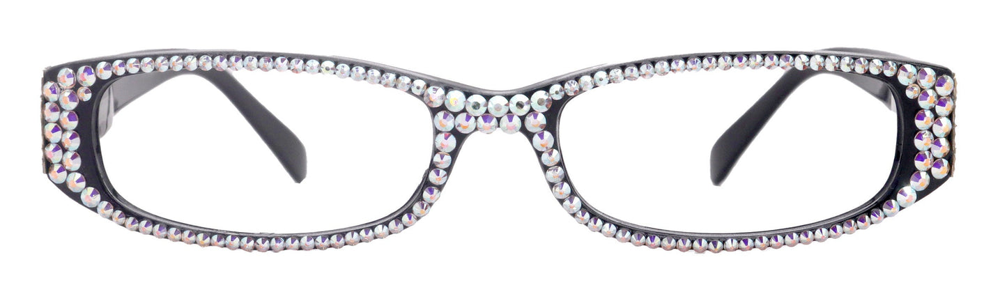 Elise, Bling Reading Glasses For Women W (AB)Genuine European Crystals rectangular (Black) +1.25 ..+3, Full Top  NY Fifth Avenue.