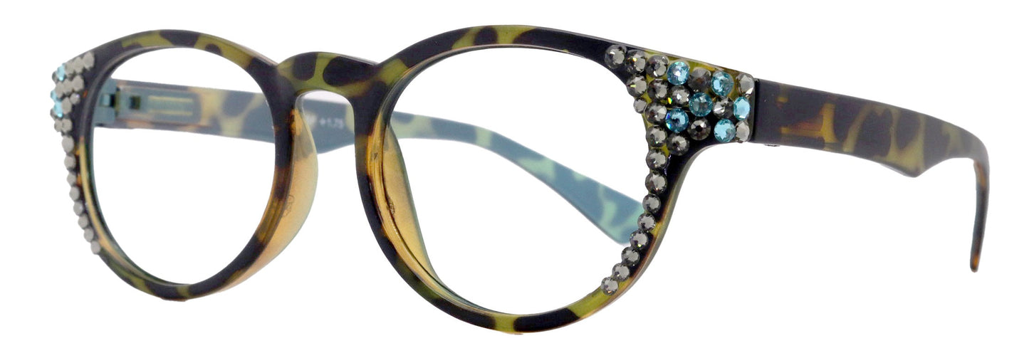 Brook, (Line Bifocal) Bling  Reading Glasses, W Black Diamond N Blue Genuine European Crystals  +1.25 to +3  (Tortoise Blue) NY Fifth Avenue
