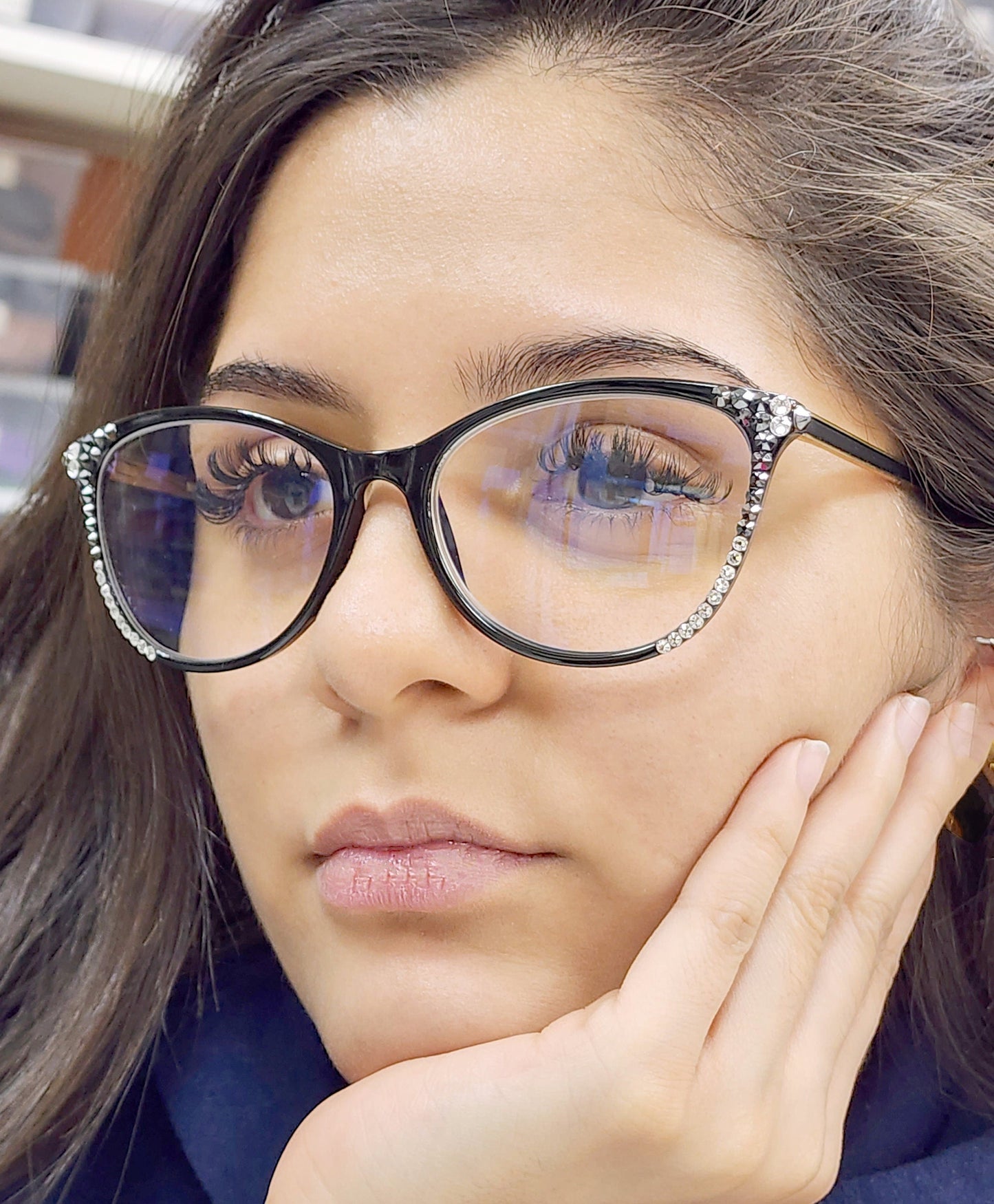 Cattitude Bling Reading Glasses 4 Women W Hematite N Clear Genuine European Crystals, 1.00 to 4.00 Magnifying Cat Eye  NY Fifth Avenue