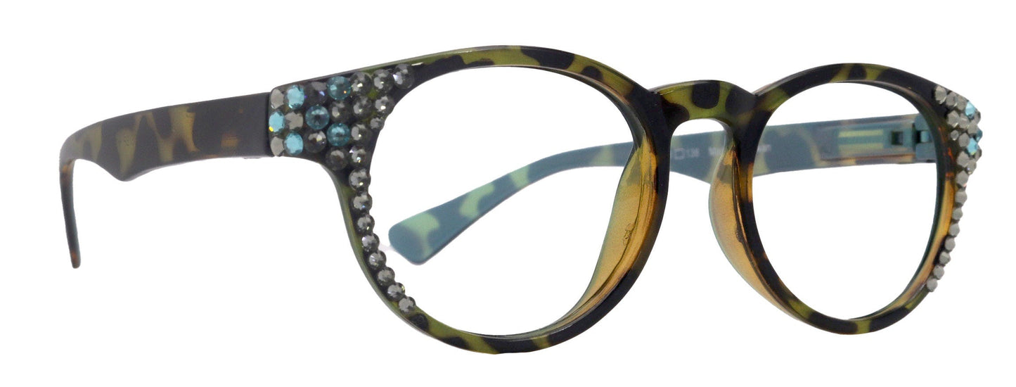 Brook, (Line Bifocal) Bling  Reading Glasses, W Black Diamond N Blue Genuine European Crystals  +1.25 to +3  (Tortoise Blue) NY Fifth Avenue