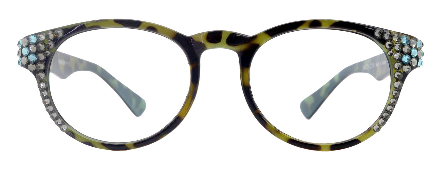 Brook, (Line Bifocal) Bling  Reading Glasses, W Black Diamond N Blue Genuine European Crystals  +1.25 to +3  (Tortoise Blue) NY Fifth Avenue