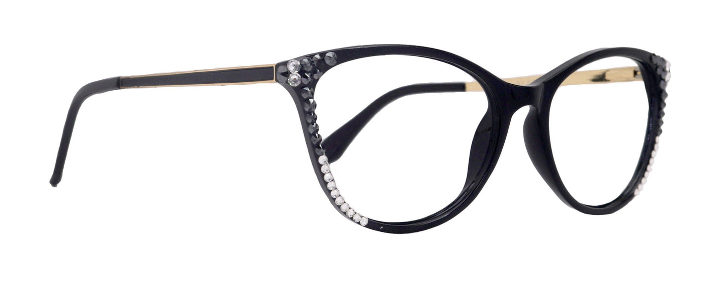 Cattitude Bling Reading Glasses 4 Women W Hematite N Clear Genuine European Crystals, 1.00 to 4.00 Magnifying Cat Eye  NY Fifth Avenue