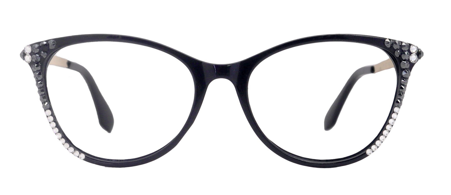 Cattitude Bling Reading Glasses 4 Women W Hematite N Clear Genuine European Crystals, 1.00 to 4.00 Magnifying Cat Eye  NY Fifth Avenue