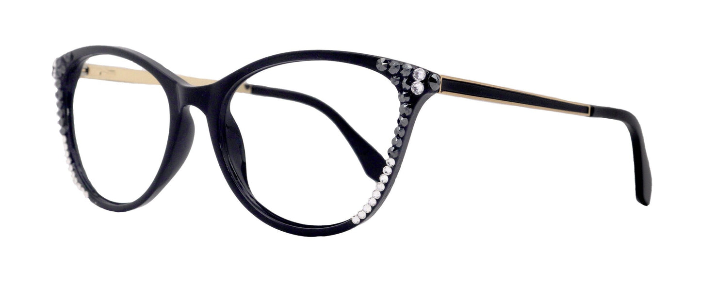 Cattitude Bling Reading Glasses 4 Women W Hematite N Clear Genuine European Crystals, 1.00 to 4.00 Magnifying Cat Eye  NY Fifth Avenue