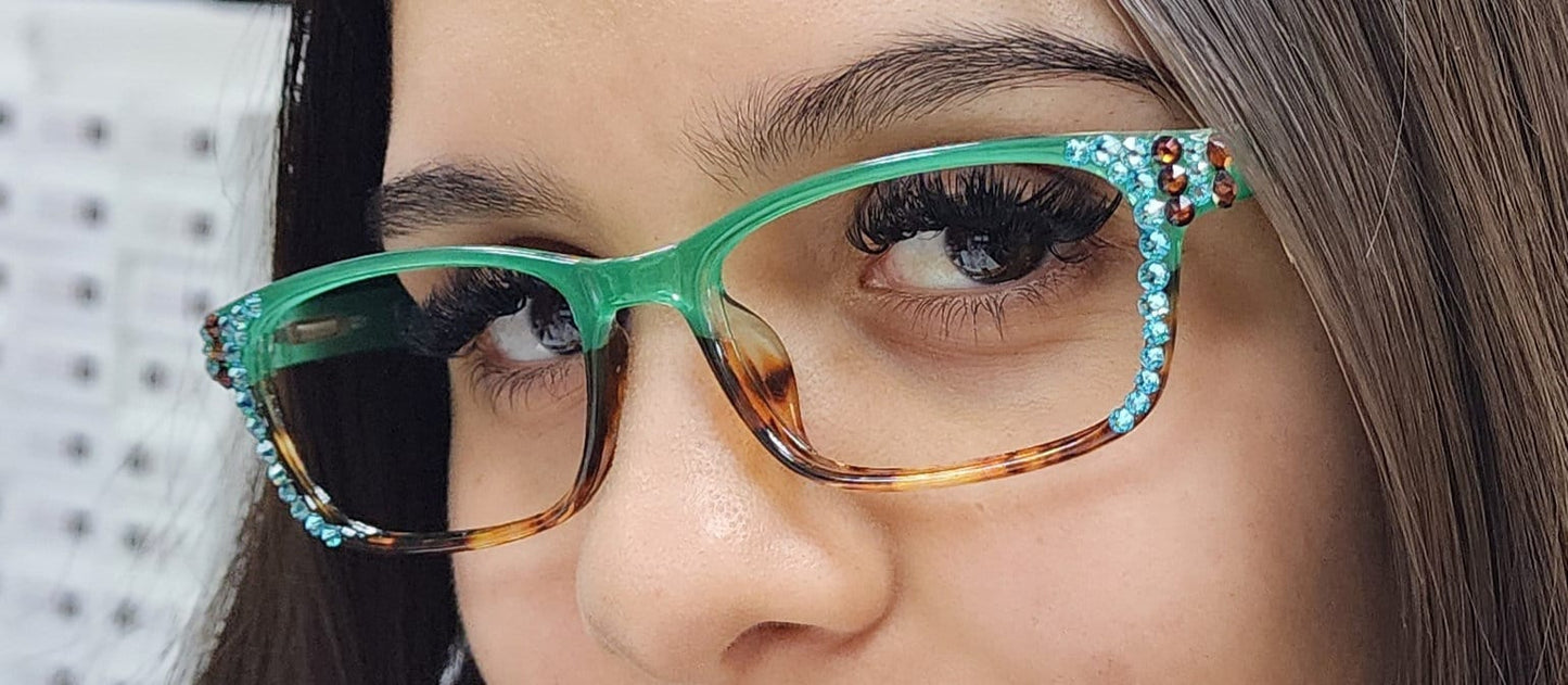 Desiree, (Bling) Women Reading Glasses W (Aquamarine, Cooper) Genuine European Crystals. +1.5 ..+6 Square. High Strength. NY Fifth Avenue