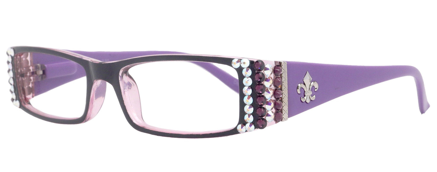 The French, (Bling) (Fleur De Lis) Women Reading Glasses W Genuine European  AB n Amethyst Crystals +1 .. +3 (Purple) Frame, NY Fifth Avenue