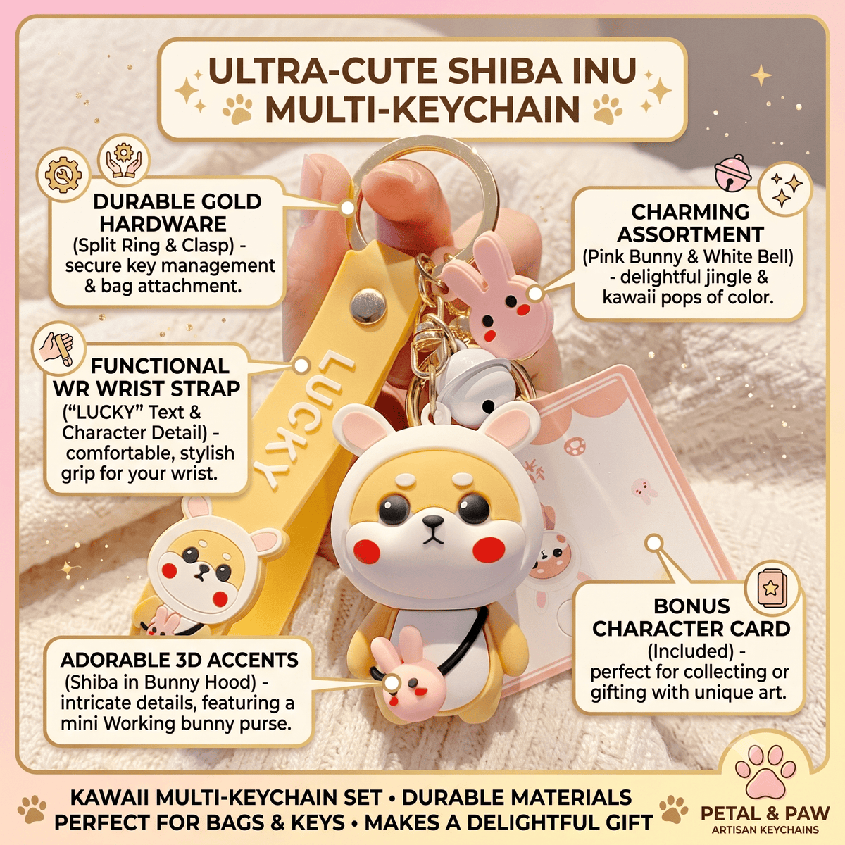 Cute Shiba Inu Keychain with Bunny Ears for Women and Teens